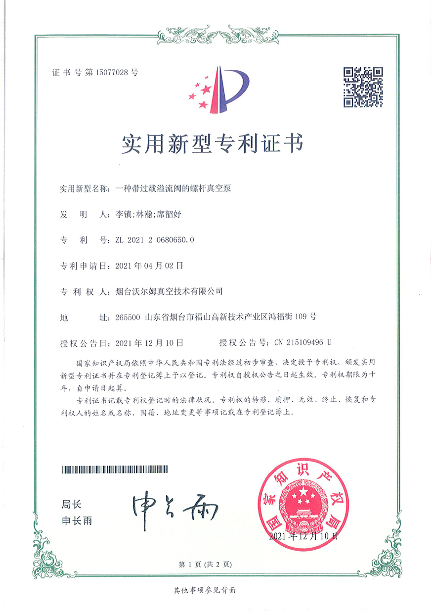 一種帶過(guò)載溢流閥的螺桿真空泵